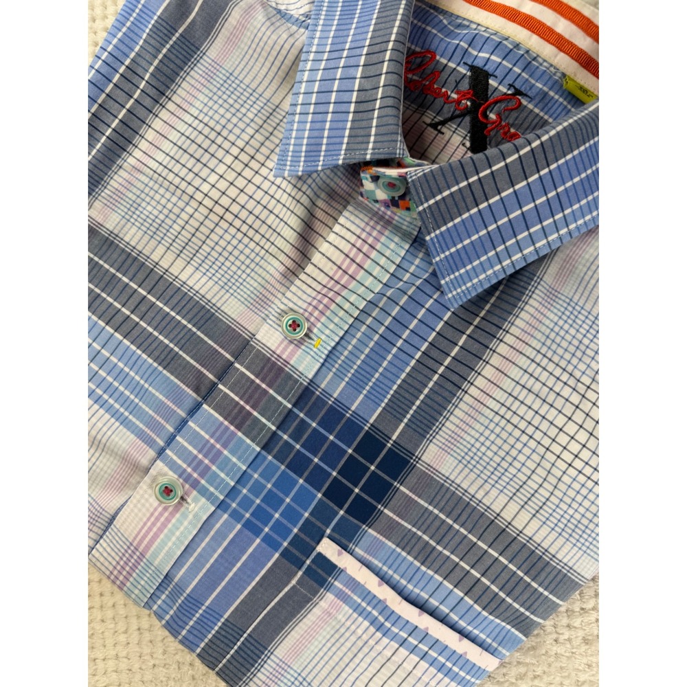 Robert Graham X Collection Mens Blue Purple Plaid Short Sleeve Shirt Tailored M